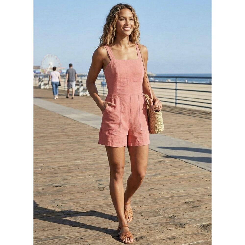 NEW! Old Navy Romper Coral Linen Med Tall Coastal Beach Resort Summer Boho Chic